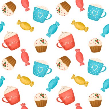 Kış kakao bardağı şeker kamışı dijital kağıt, tatlılar dikişsiz desen, mutfak yemeği arka planı, tekstil deseni, hediye paketi, ambalaj kağıdı