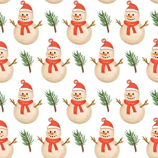 Merry Christmas seamless pattern, Cute Funny Snowman digital paper, fir branches, baby textile, winter wallpaper, new year background, wrapping paper