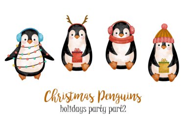 Komik Penguenler tırmanıyor, Mutlu Noel Penguenleri izole edilmiş seti, çocuk dekorasyonu, bebek süslemesi, Kuzey Kutbu 'nda Noel partisi, kutup hayvanları, kış tatilleri klibi sanatı, elle çizilmiş stok çizimi
