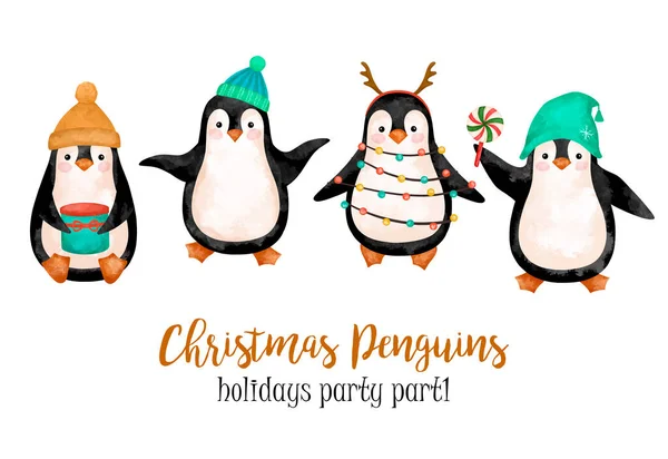 Funny Penguins in winter hats clipart, Merry Christmas Penguins set, kids decor, baby decoration, New Year party on North Pole, arctic animals, hand drawn stock illustration