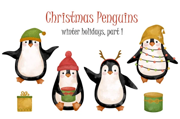 Aquarelle Pingouins Noël Clipart Joyeux Ensemble Noël Décor Enfants Décoration — Photo