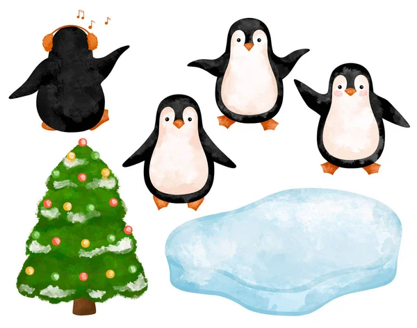 Cute Penguins isolated clipart, Watercolor penguins set, ice floe, fir, spruce, christmas tree, arctic winter holidays, North Pole, hand painted stock illustration