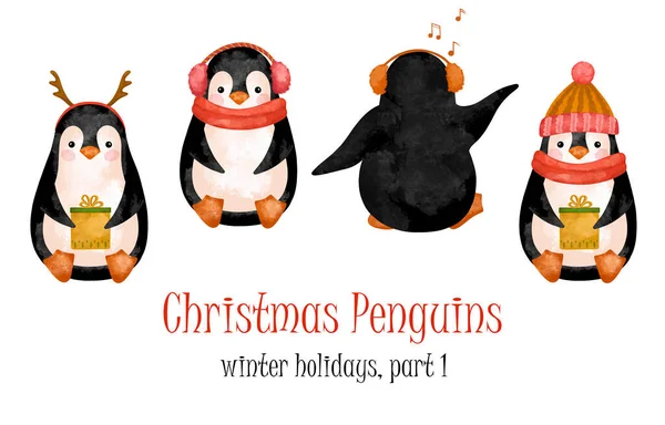 Pinguins Engraçados Clipart Chapéus Inverno Conjunto Pinguins Natal Feliz Decoração — Fotografia de Stock