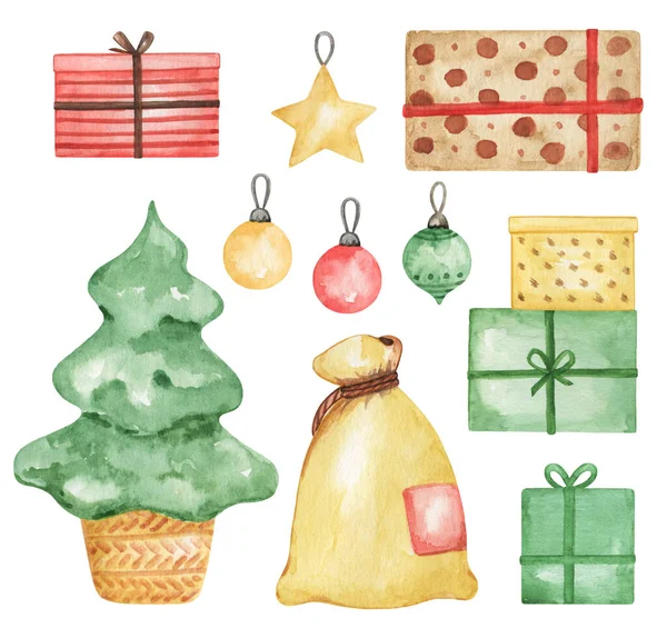 Jul Semester Clipart Akvarell Julgran Väska Med Presenter Presentförpackning Nyårsafton — Stockfoto