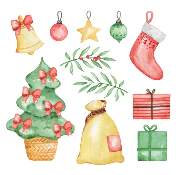 Weihnachtscliparts Aquarell Weihnachtsbaum Glöckchen Tasche Mit Geschenken Rote Socke Geschenkbox — Stockfoto