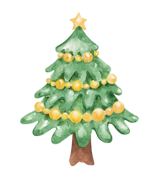 Akvarell Karácsonyfa Előfizetői Kézzel Rajzolt Fenyő Illusztráció Lucfenyő Díszített Lucfenyő — Stock Fotó