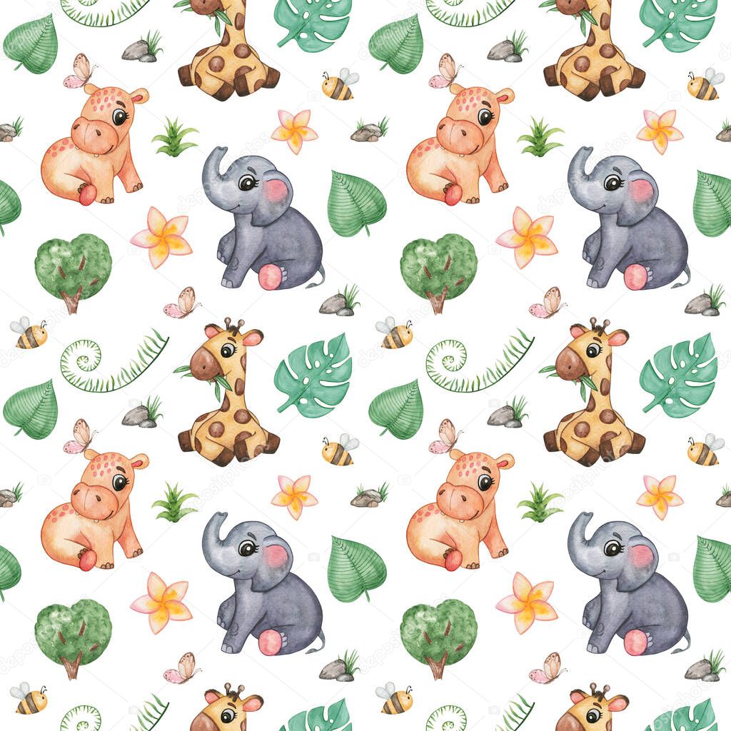 Watercolor african animals seamless pattern. Giraffe, hippo, elephant, tropical plants. Cute kids pattern on white background. Wild jungle animals digital paper, kids wallpaperes, prints on fabric, textile