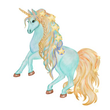 Suluboya tek boynuzlu at illüstrasyonu, tek boynuzlu at klip sanatı, peri bebek seti, çocuk dekorasyonu, çocuk odası.