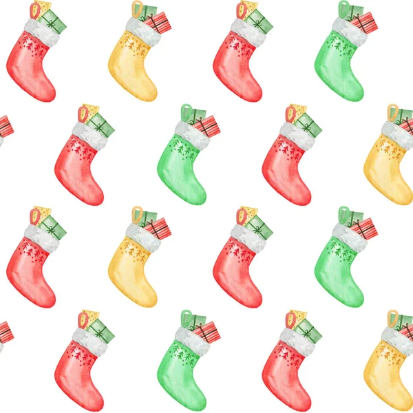 Christmas socks with gifs seamless pattern, watercolor socks  background, baby wallpaper, New Year design, wrapping paper