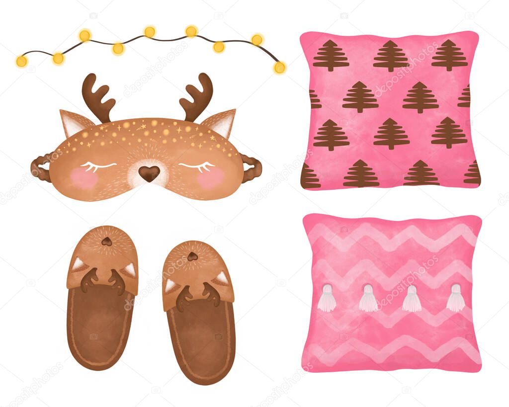 Cozy Home Set, Sleep mask clipart, Slippers, Deer sleep mask, Planner girl set, garland, pillows, good night set, decor, planner girl stickers