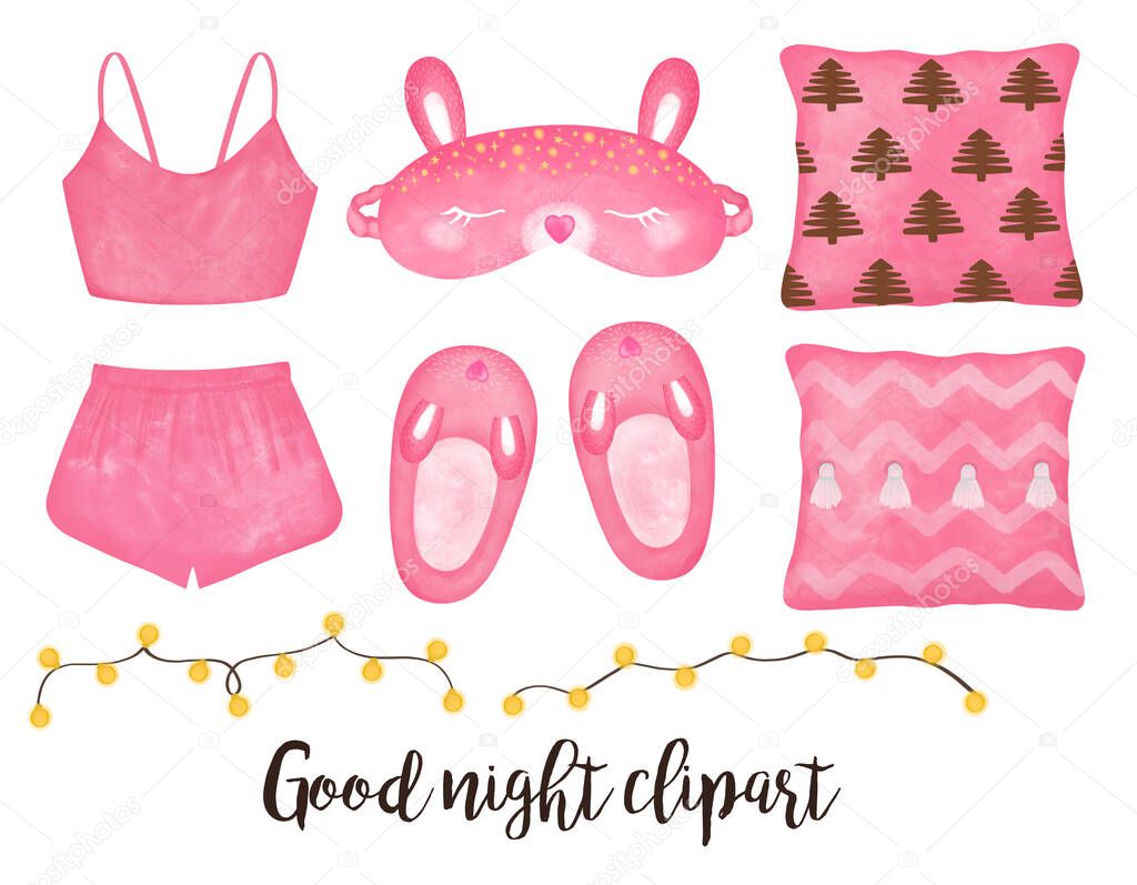 Cozy Home Set, Sleep mask clipart, Slippers, bedroom, Bed time, garland, pillows, good night set, decor, planner girl stickers