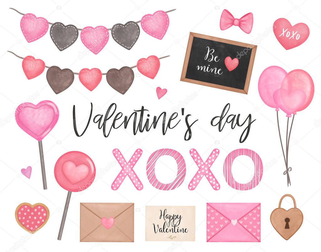 Valentine day clipart, Love collection, Romantic date, Hearts set, hand drawn illustration
