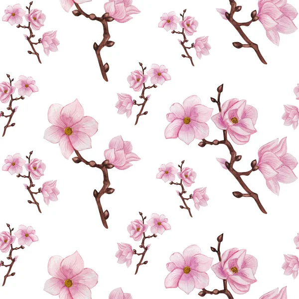 Υδατογραφία Μανόλια Αδιάλειπτη Μοτίβο Ροζ Λουλούδια Μανόλια Μοτίβο Κλαδιά Φόντο — Φωτογραφία Αρχείου