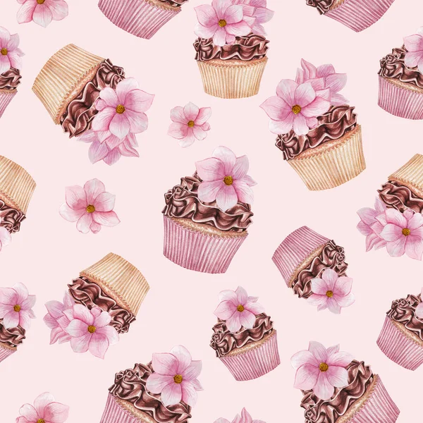 Watercolor cupcakes with magnolia pattern, Chocolate cupcakes seamless pattern, sweet background, candy cakes wallpaper, desserts, sweet scrap paper, wrapping, textile pattern