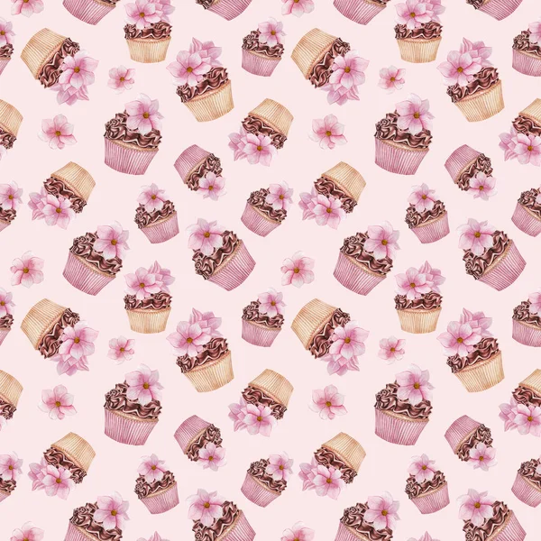 Schokolade Cupcakes Nahtlose Muster Magnolienblüten Aquarell Desserts Hintergrund Süße Muster — Stockfoto