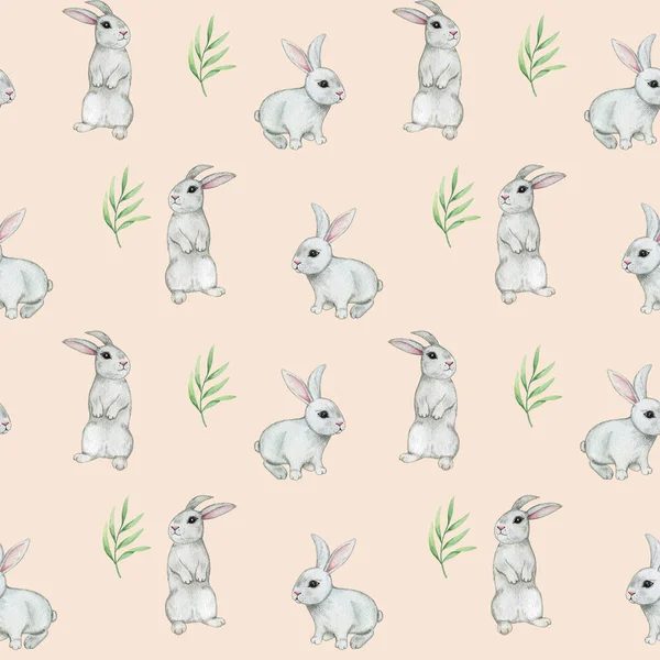 Wasserfarbe Hase Und Blätter Nahtlose Muster Niedliche Kaninchen Hintergrund Kleine — Stockfoto