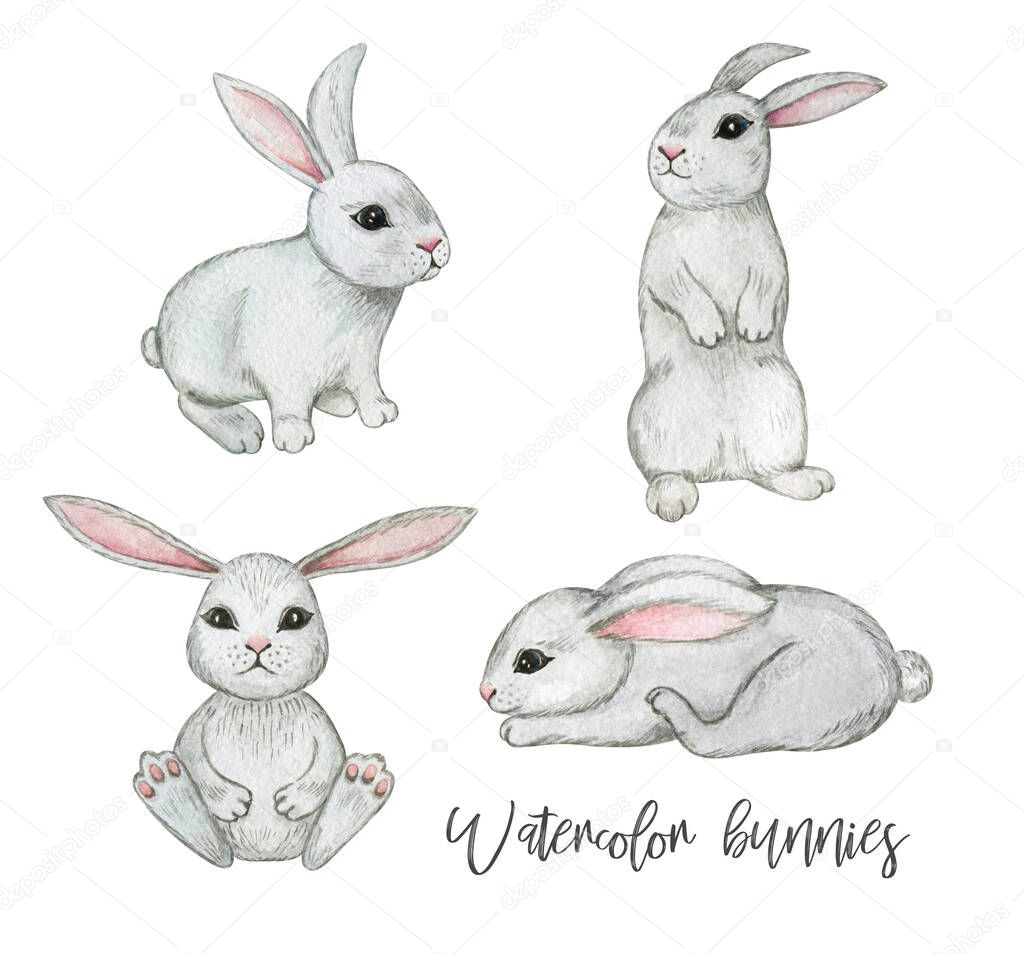 Watercolor rabbit clipart, cute bunny isolated clipart, wild animals set, easter bunny clipart, baby decor illustration, kids decoration