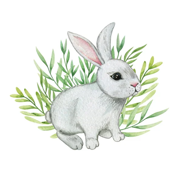 Acquerello Carino Coniglio Clipart Set Coniglietto Pasqua Lepre Foglie Verdi — Foto Stock