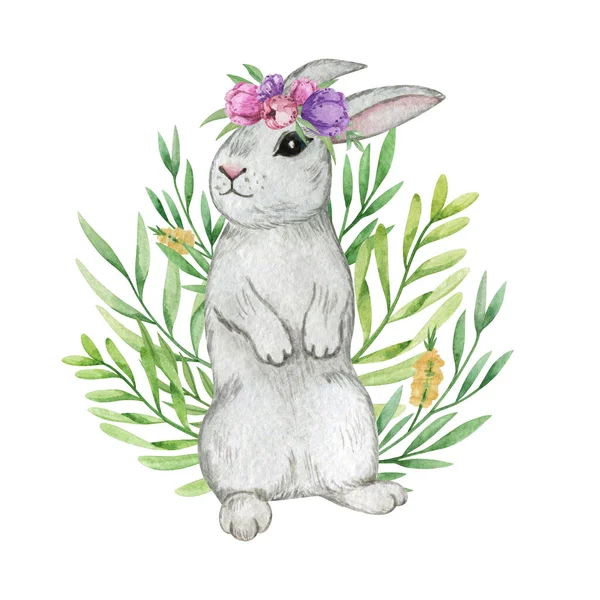 Akvarell Söt Kanin Clipart Påsk Kanin Set Hare Gröna Blad — Stockfoto