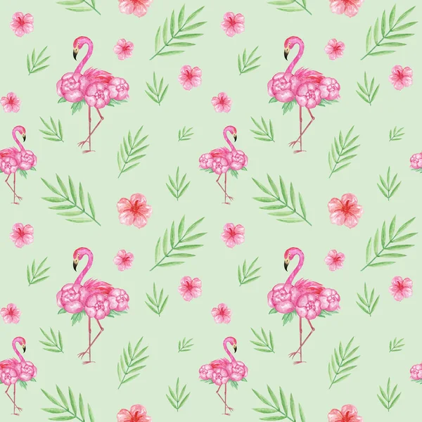 Watercolor Flamingo seamless pattern, Flamingo digital paper, Flamingos background, Tropical wallpaper, Green scrapbook paper, Tropical surface pattern, Exotic print