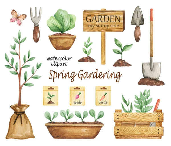 Spring Gardening clipart, Garden tools set, Garden elements, Watercolor garden clipart, seeds, plants in pots, shovel, seedling