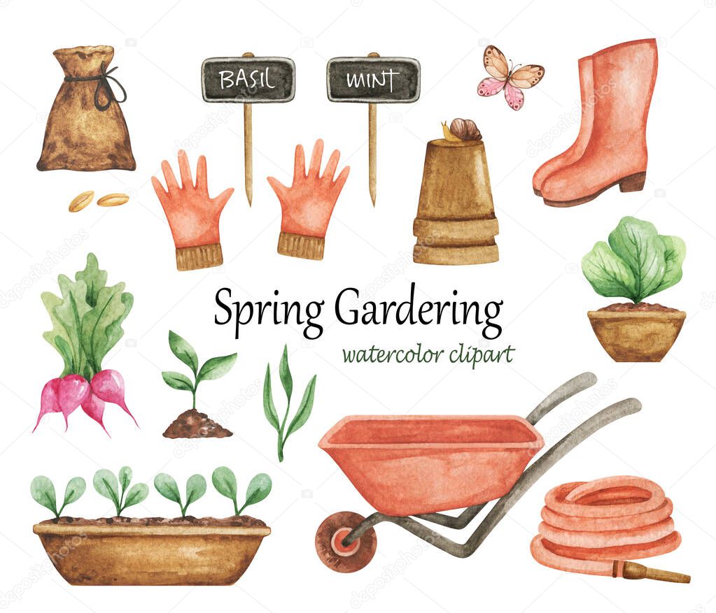 Spring Gardening clipart, Gardening Essentials, Garden tools set, Garden elements, Watercolor garden clip art, welling boot, gloves, plants in pots