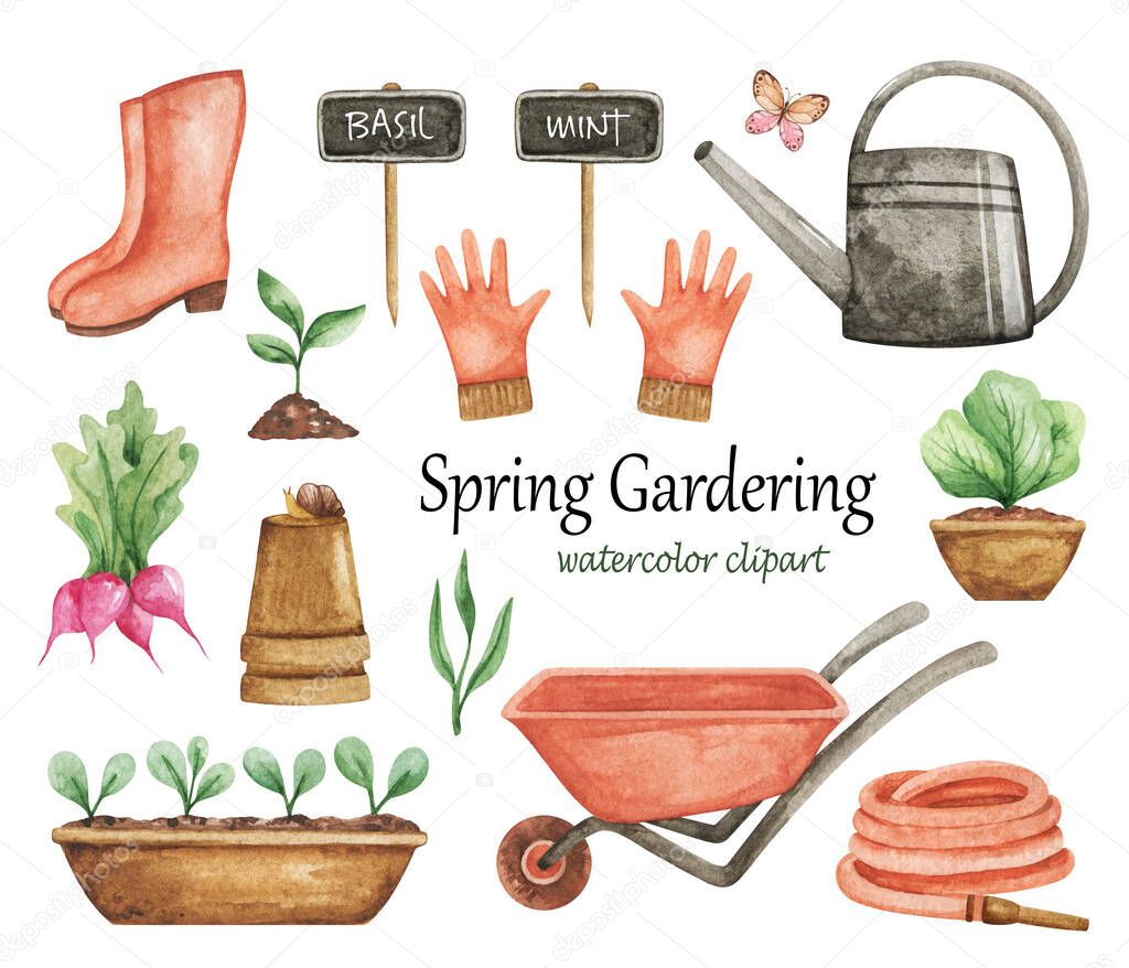 Gardenng clipart watercolor, Garden tools set, Spring Garden elements, Watercolor garden clip art, wheelbarrow, watering can, gloves, pots, nameplate, seedling