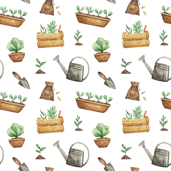 Spring gardening background, Garden tools scrapbook paper, gardening seamless patterns, wooden box, watering can, seedling, springtime pattern