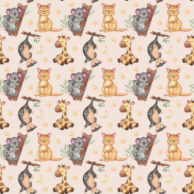 Avustralya hayvanlarının kusursuz desenleri, tekrarlanan arka plan, tatlı uyuyan hayvanlar, zürafa, koala ve kanguru deseni, çocukların tekstil deseni.