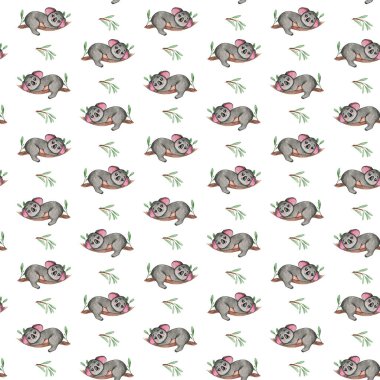 Şirin koala deseni, Avustralya hayvanlarının kusursuz deseni, tekrarlayan arka plan, çocuk odası duvar kağıdı, tekstil tasarımı.