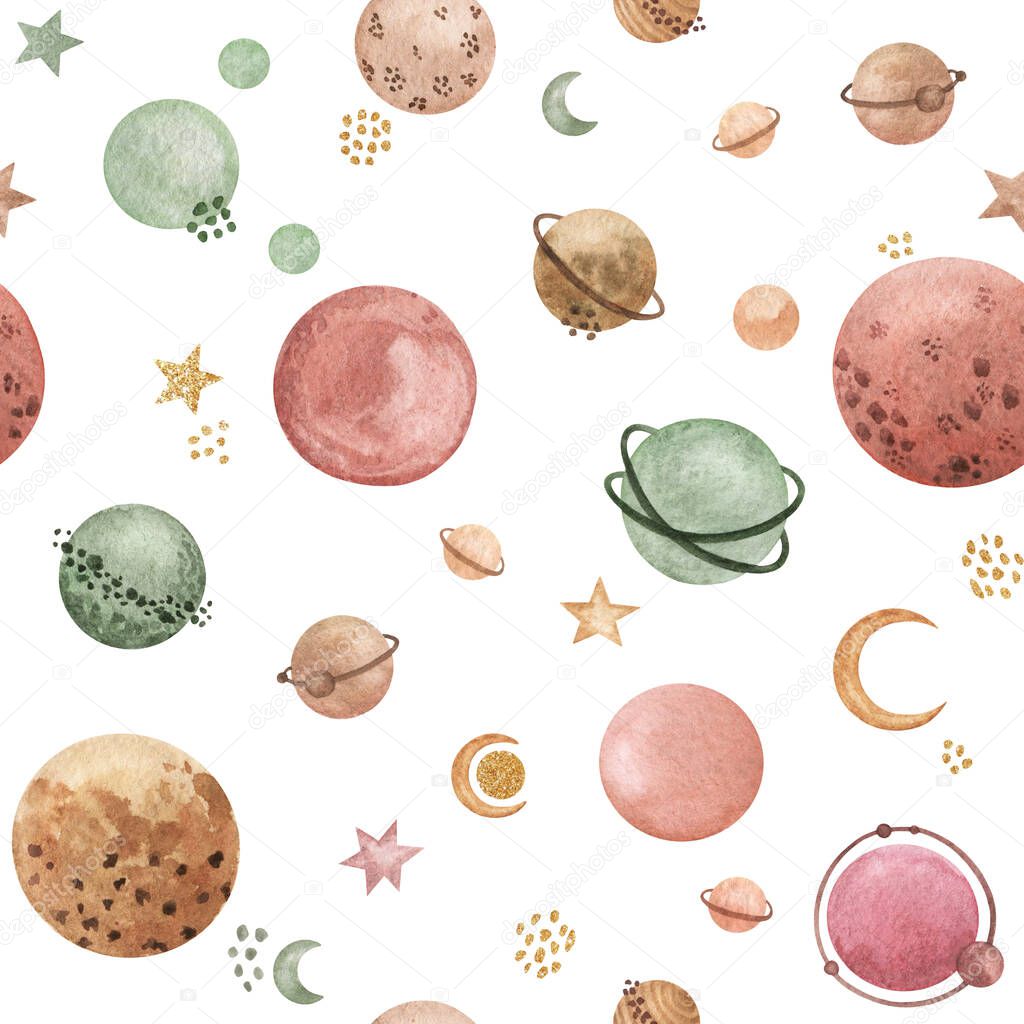 Watercolor Space planets seamless pattern, hand drawn galaxy repeating background, cosmos planets scrapbook paper, Galaxy pattern design
