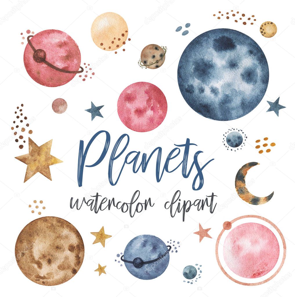 Space Planets Clipart watercolor, Watercolor Galaxy set. Cosmos, cosmic planets clip art, Outer space, stars, comet, moon isolated. Stylized retro planets set. Stock illustration. Vintage planets illustration isolated