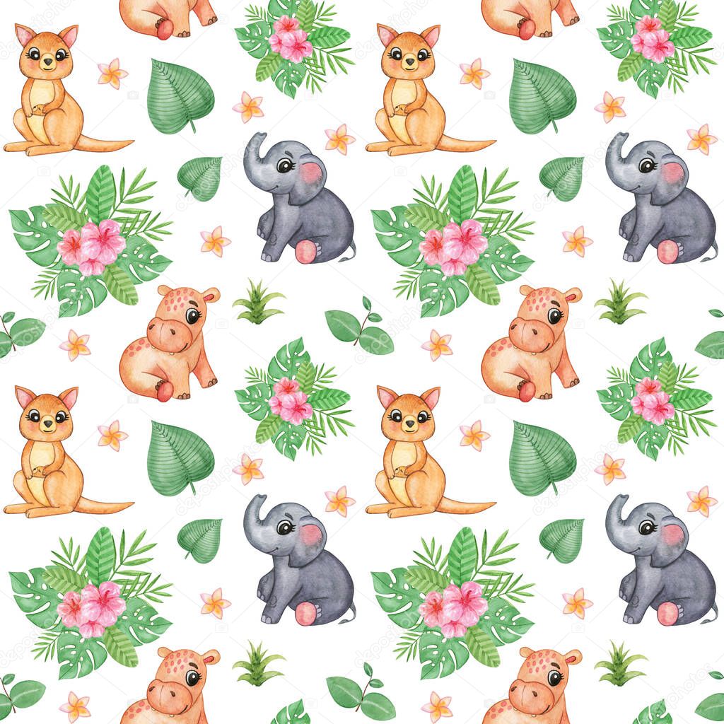 Jungle animals seamless pattern, wild animals repeating background, cute baby animals, tropical nursery wallpaper, scrapbook paper, Watercolor Elephant, kangaroo, hippo