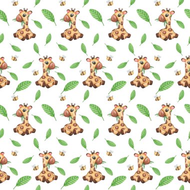 Suluboya zürafa kusursuz desen, arka planda tekrarlayan sevimli vahşi hayvanlar, tropikal albüm kağıdı, yeşil yapraklar, çocuk odası kağıdı.