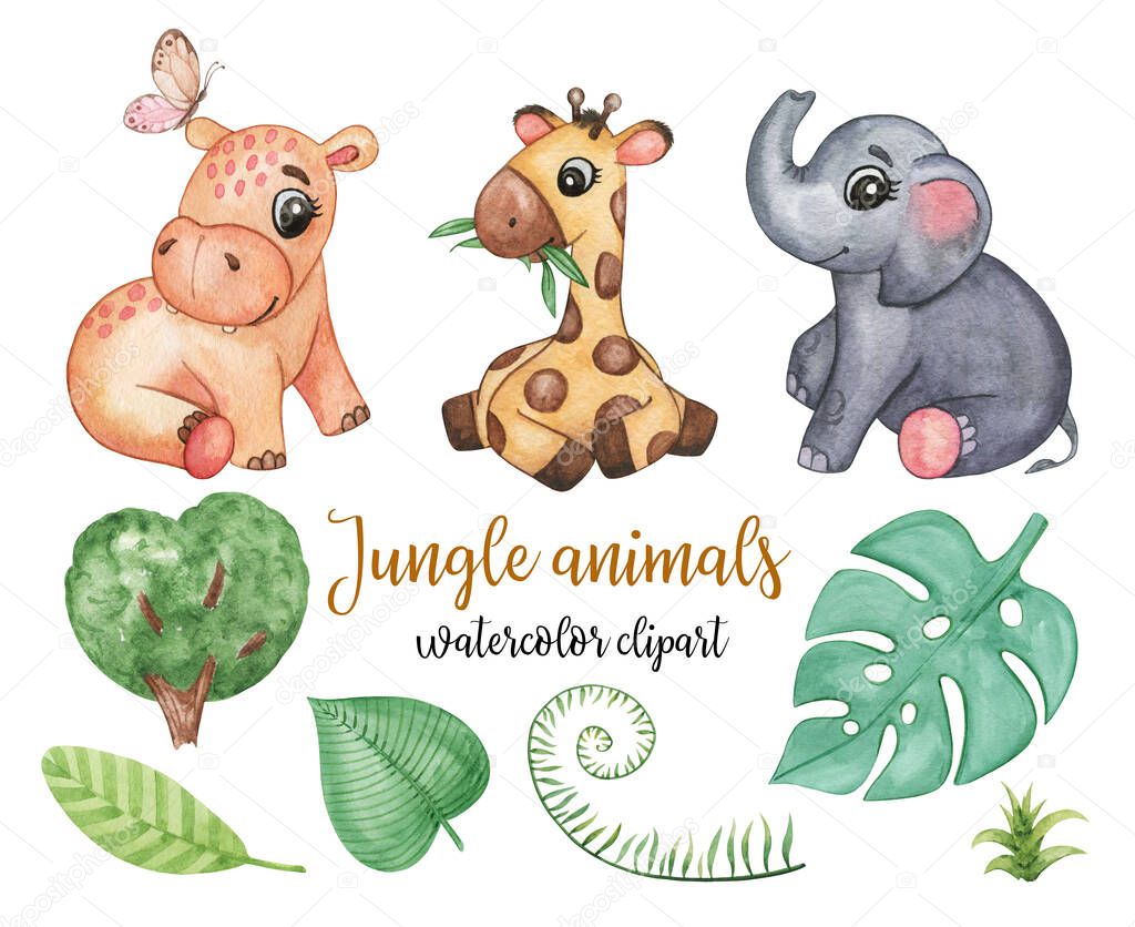 Watercolor Jungle animals clipart, Tropical little animals, Safari set. Cute Giraffe, hippo, elephant, tropical leaves clip art. African baby animals watercolor illustration. Baby shower, nursery decor