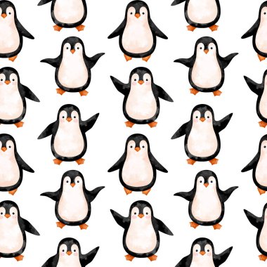 Penguen karikatürü arka planı tekrarlıyor, komik penguenler kusursuz desen, çizgi film, kuzey kutbu hayvan koleksiyon defteri, penguen çocuk duvar kağıdı