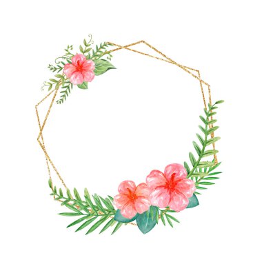 Suluboya tropikal çerçeve, egzotik yapraklar ve amberçiçeği, suluboya yeşil çelenk sanatı, beyaz arkaplandaki çiçekli altın kenar