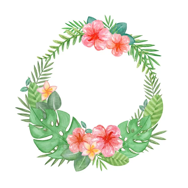 Watercolor tropical frame, exotic leaves and hibiscus, watercolor green wreath, hawaiian wreath isolated on white background