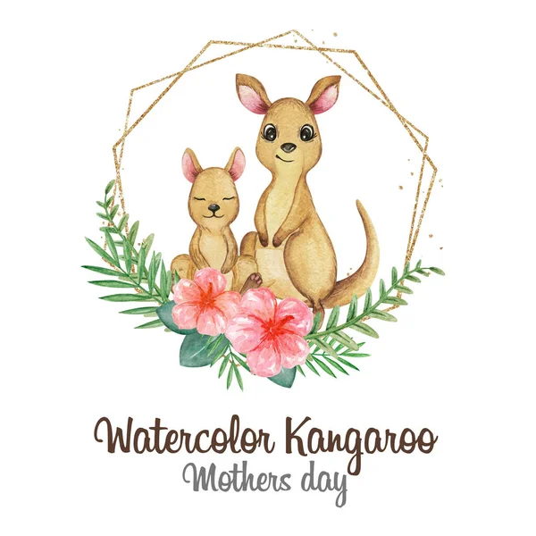 Kangaroo watercolor art, mother and baby kangaroo clipart, hand drawn illustration, cute australian animals, nursery decor, animals portrait in floral frame