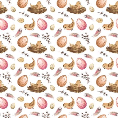 Paskalya dikişsiz suluboya, paskalya yumurtaları ve kuş yuvası dijital kağıt, bahar arkaplanı, mutlu paskalya albümü