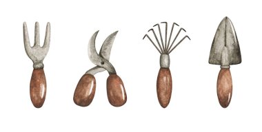 Bahçe aletleri el çizimi suluboya çizimi, bahçe eşyaları, bahçe malzemeleri, budama makası, tırmık, kürek suluboya