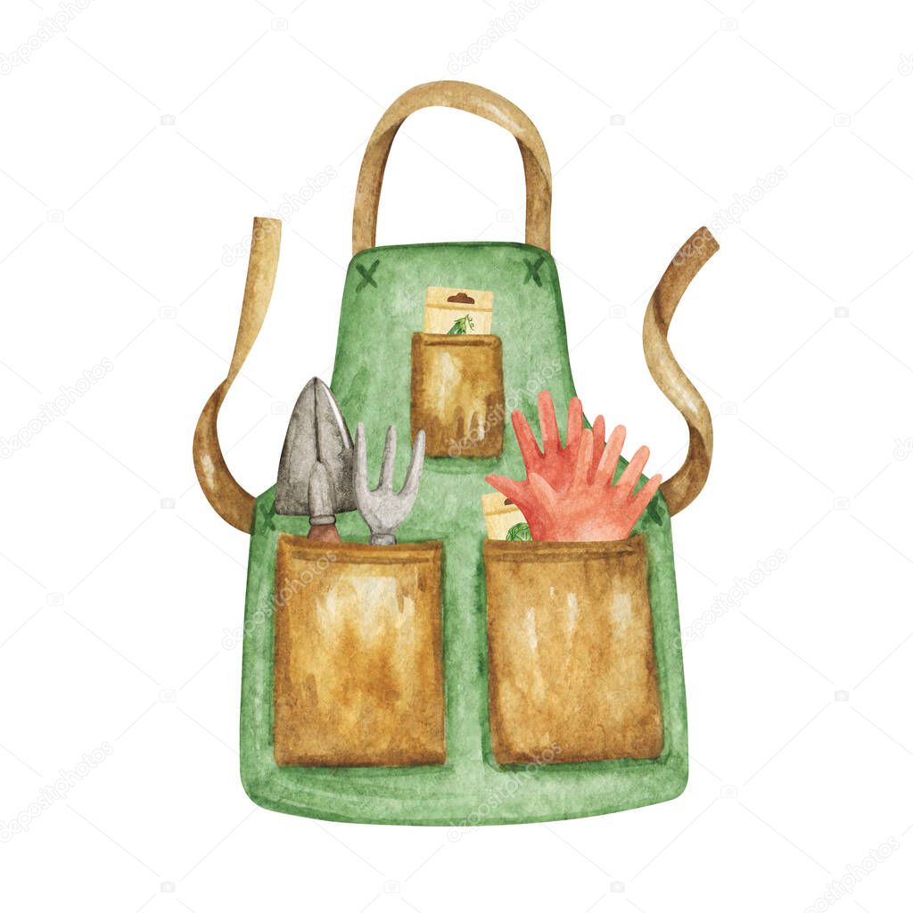 Watercolor Garden apron with tools, hand drawn illustration, garden equipment clipart, garden poster