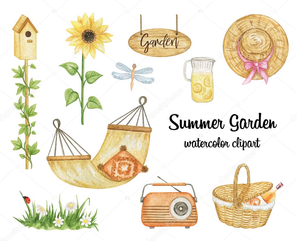 Watercolor Garden clipart, Summer weekend drawing, hammock and picnic basket hand drawn illustration