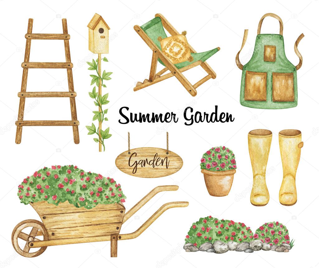 Summer Gardening set, watercolor garden equipment, garden tools clipart, hand drawn illustraion