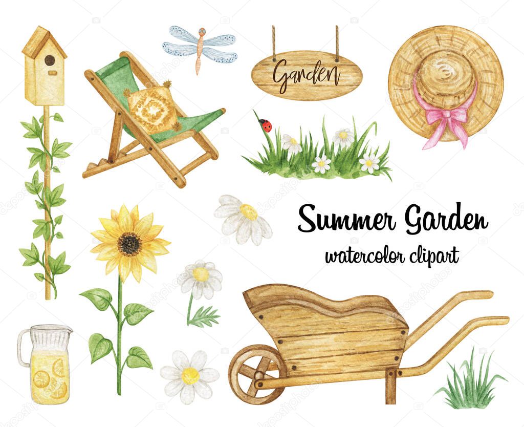 Summer Gardening set, Watercolor garden equipment clipart, garden tools isolated, summer holidays stickers