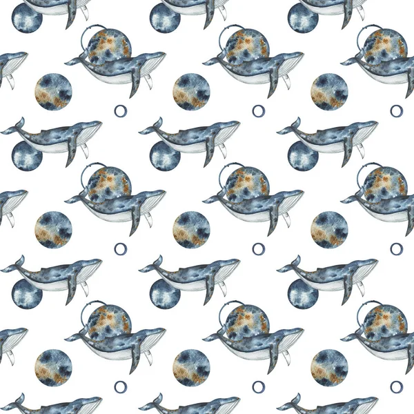 Ballenas Espaciales Repitiendo Fondo Ballena Azul Planetas Patrón Sin Costura — Foto de Stock