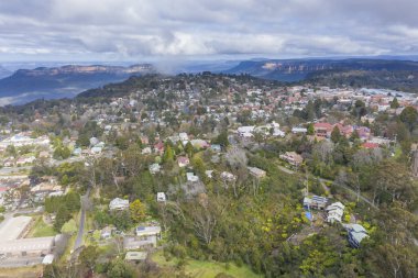 Aerial view of the township of Katoomba in The Blue Mountains in regional New South Wales in Australia clipart