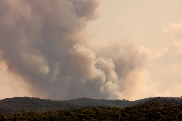 Bush fire smoke in a valley in The Blue Mountains in regional New South Wales in Australia