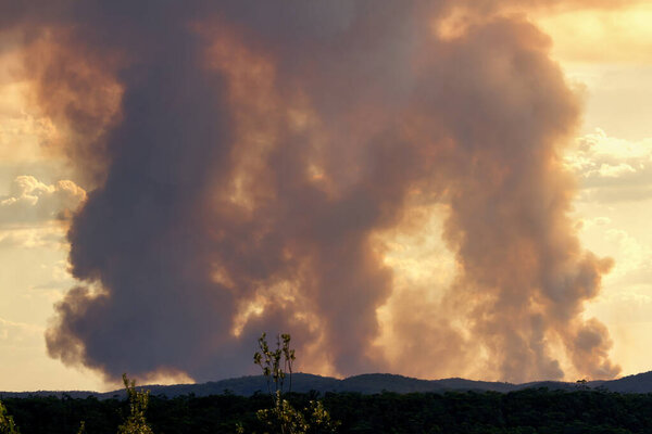 Bush fire smoke in a valley in The Blue Mountains in regional New South Wales in Australia