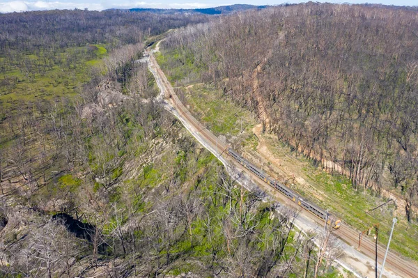 Aerial view of a train running through and area of forest regeneration after bushfire in Dargan in the Central Tablelands in regional New South Wales Australia
